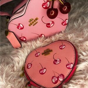Coach Pink Cherry Pattern Bag and Coin Pouch